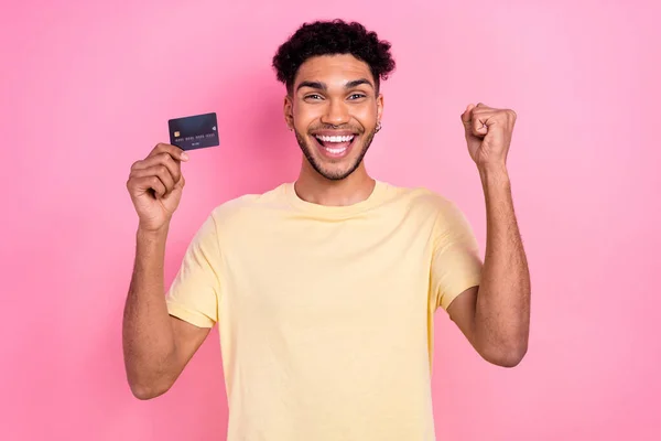 Portrait Overjoyed Ecstatic Man Wear Stylish Shirt Hold Credit Card — Stockfoto
