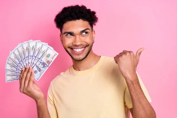 Portrait Cunning Tricky Man Afro Hair Earrings Stubble Hold Dollars — Stockfoto