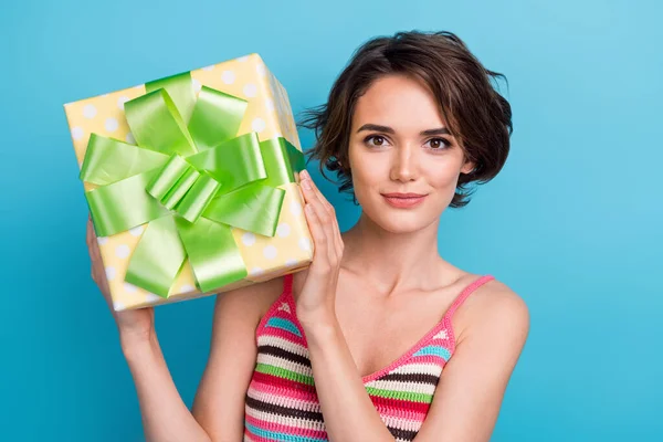 Photo Nice Pretty Positive Lady Arms Hold Demonstrate Giftbox Ribbon — Stock Photo, Image