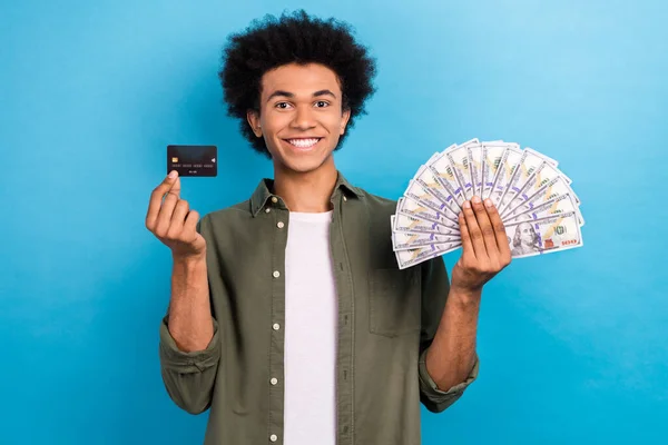 Portrait Cheerful Person Toothy Smile Arm Hold Debit Card Dollar — Stockfoto