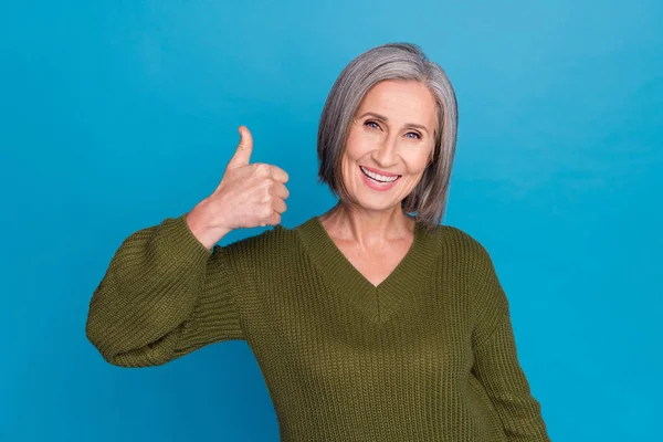 Photo Attractive Middle Aged Lady Raise Thumb Finger Approve Good — Foto Stock