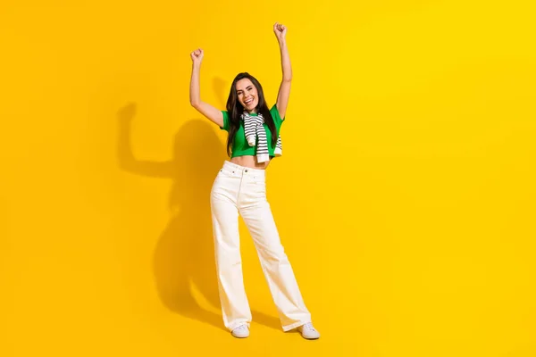 Full Length Photo Cheerful Lucky Lady Wear White Pants Shouting — Stock Photo, Image