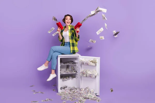 Full Body Cadre Funky Young Woman Hold Pistol Shooting Dollars — Stock Photo, Image