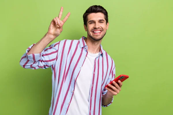Portrait Optimistic Positive Guy Bristle Wear Stylish Clothes Holding Smartphone — Stock Photo, Image