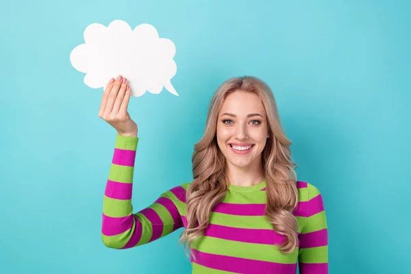 Photo Portrait Attractive Young Woman Hold Paper Cloud Message Think — Photo
