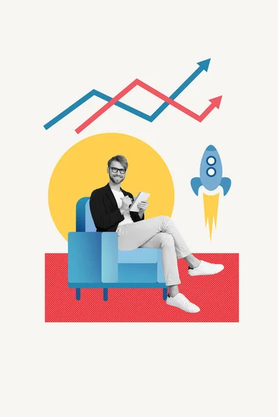 Collage Positive Geschäftsmann Sitzen Sessel Schreiben Dokumente Analyse Grafiken Statistiken — Stockfoto