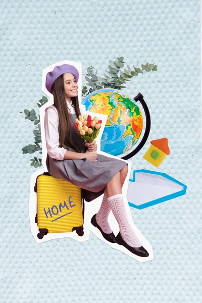 Collage Dreamy Cute Schoolkid Girl Sitting Yellow Valise Hold Tulips — Stock Photo, Image