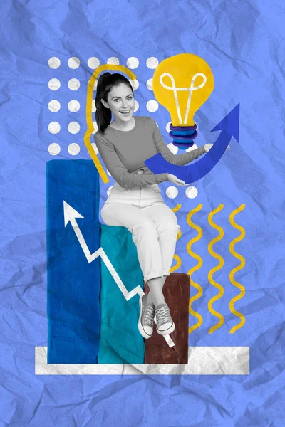 Collage Sketch Image Happy Girl Worker Hold Lamp Bulb Thought — Stock Photo, Image