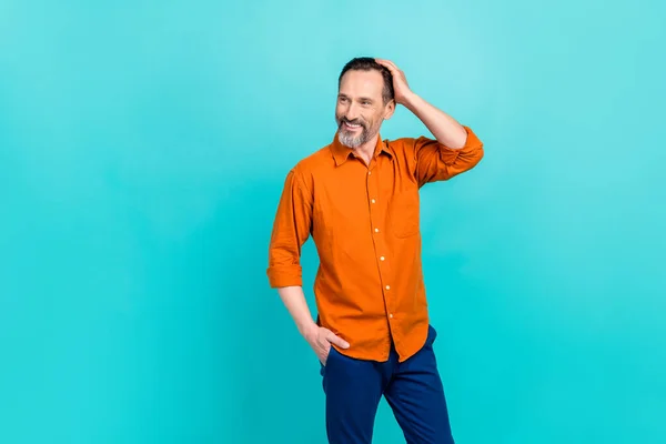 Photo Attractive Handsome Guy Wear Orange Shirt Arm Head Looking — Stock Photo, Image