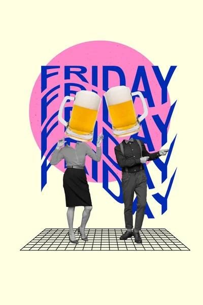 Foto Party Collage Von Zwei Kopflosen Surrealen Menschen Freunde Tanzen — Stockfoto