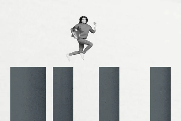 Collage Fotos Ilustración Compuesta Creativa Chica Satisfecha Positiva Corriendo Lecciones —  Fotos de Stock