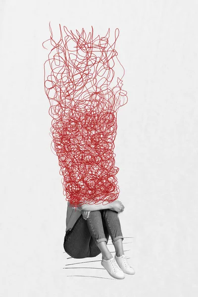Photo Collage Grafika Minimalny Obraz Zestresowanych Przygnębionej Pani Uczucie Wątpliwości — Zdjęcie stockowe