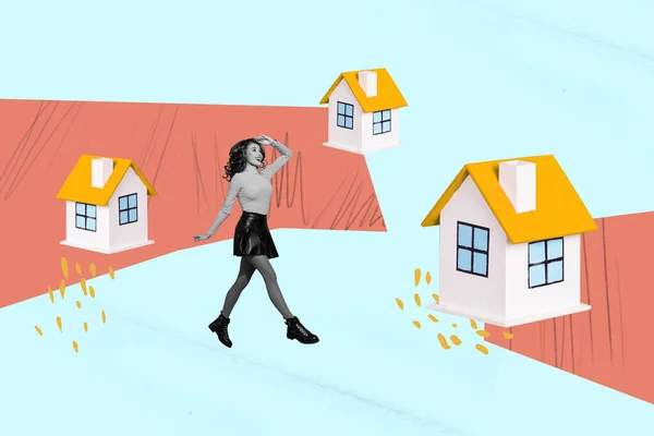 Modèle Abstrait Créatif Collage Drôle Belle Femme Immobilier Hypothèque Immeuble — Photo