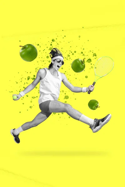 Banner Poster Collage Pazzo Sportivo Eccitato Esecuzione Godendo Giocare Tennis — Foto Stock