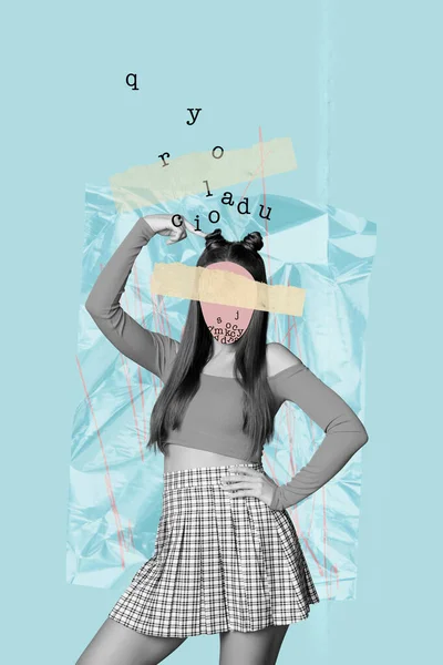 Poster Kreatif Kolase Wanita Tanpa Wajah Menunjuk Kepala Merasa Lelah — Stok Foto