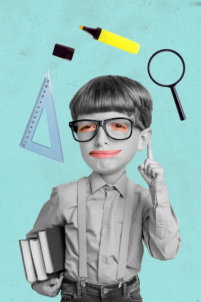 Creative Funny Collage Template Little Genius Kid Boy Raise Finger — стоковое фото