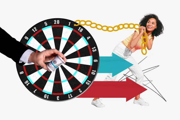 Template Collage Girl Lady Playing Darts Carry Board Her Jackpot — Stock Photo, Image