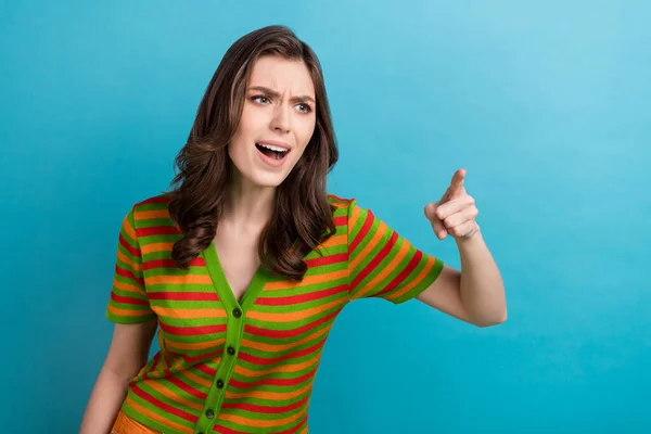 Photo Irritated Young Lady Brown Curls Dressed Striped Shirt Finger — Stock Photo, Image