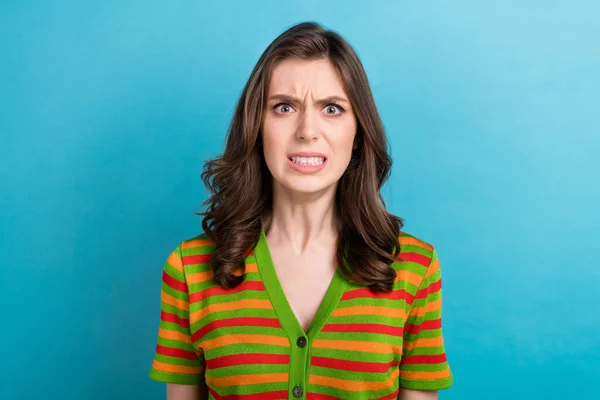 Photo Pretty Aggressive Dissatisfied Girl Curly Hairstyle Wear Striped Shirt — Stock Photo, Image