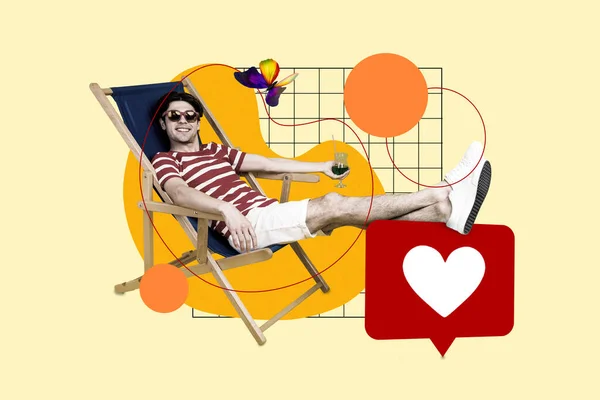 ベージュの背景に隔離された通知のようなラウンジャードリンクのカクテルバタフライを日光浴する気遣いのない陽気な男のアートワークコラージュ — ストック写真