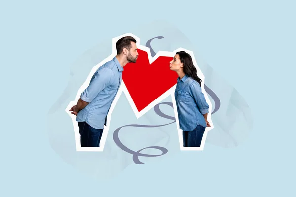 横幅明信片3D拼贴杂志快乐迷恋的人们第一次约会甜蜜的亲吻享受在蓝色背景下与世隔绝的浪漫时光 — 图库照片