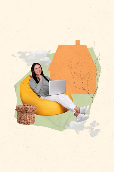 Vertical collage image of minded positive girl sit beanbag use netbook contemplate house building silhouette isolated on creative background.