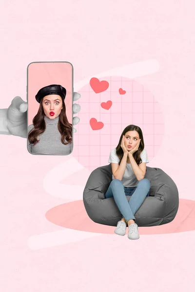 Graphics Collage Image Dreamy Lady Enjoying Getting Likes Apple Samsung — Stock Photo, Image
