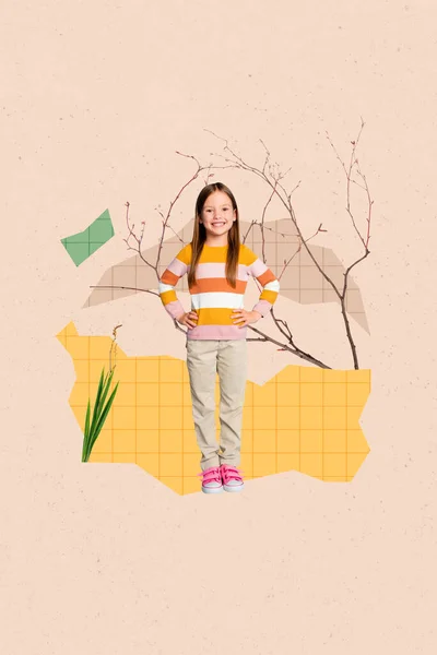 Vertikale Vorlage Collage Von Lustigen Kleinen Netten Schulmädchen Posiert Freien — Stockfoto