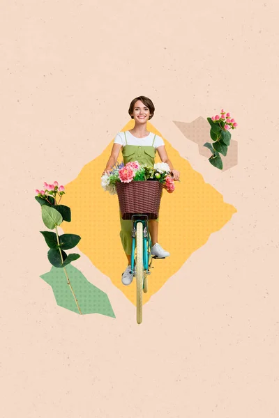 照片拼贴艺术最基本的图片笑容可亲的女士送自行车鲜花独立创作的背景 — 图库照片