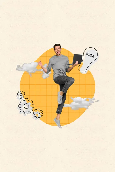 Collage Vertical Chico Encantado Excitado Uso Netbook Saltar Levantar Puño —  Fotos de Stock