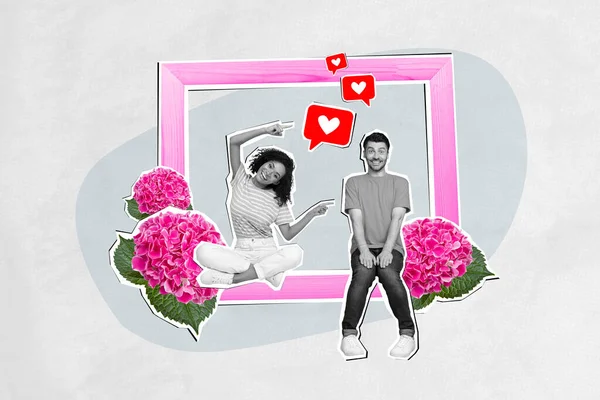年轻夫妇快乐正面相框记忆相册粉红色花朵庆祝情人节的创意抽象模板拼贴 — 图库照片