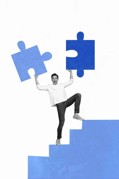 Composite Collage Bild Von Puzzle Lösen Aufgabe Problem Halten Stücke — Stockfoto