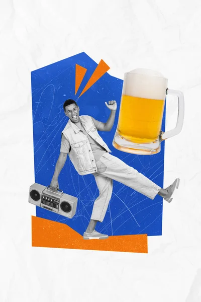 Colagem Cartaz Criativo Homem Feliz Animado Andando Dance Hold Boom — Fotografia de Stock