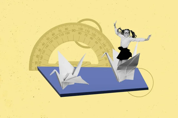 Composição Colagem Ilustração Funky Escola Menina Saltando Mosca Origami Papel — Fotografia de Stock