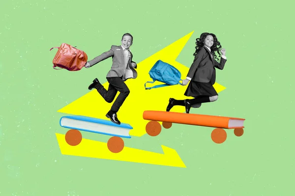 Kompozitní Koláž Preteen Malé Školní Děti Jezdit Skateboard Knihy Držet — Stock fotografie