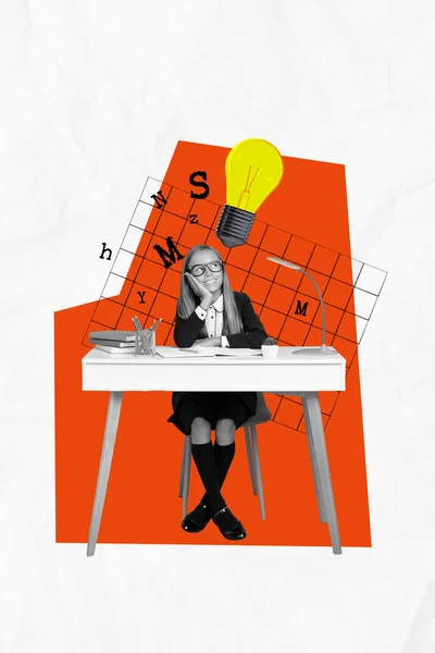 Vertical First September Collage Preteen Schoolgirl Sitting Desk Dream Thoughtful — Stock Photo, Image