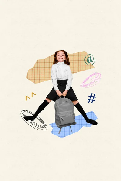 創造的な抽象的なテンプレートコラージュの興奮エネルギーファンキー面白い小さな女子高生は楽しいジャンプトランポリンを持っています ホールドリュックサック — ストック写真