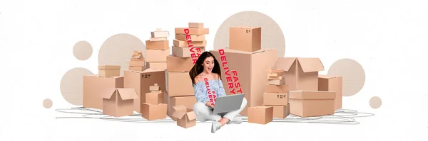 stock image Exclusive magazine picture sketch collage image of lady waiting delivery many orders isolated creative background.