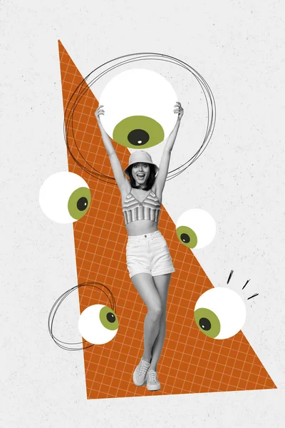 Kreatywny Obraz Rysunek Kolaż Funky Młoda Kobieta Lato Nosić Panama — Zdjęcie stockowe