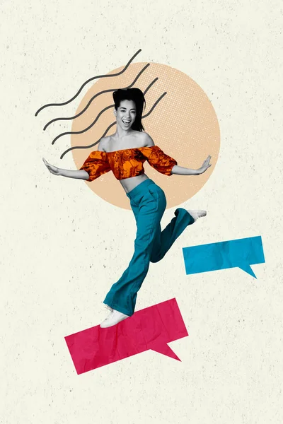 Lodret Collage Illustration Funky Ung Kvinde Kører Indkomst Meddelelser Messenger - Stock-foto