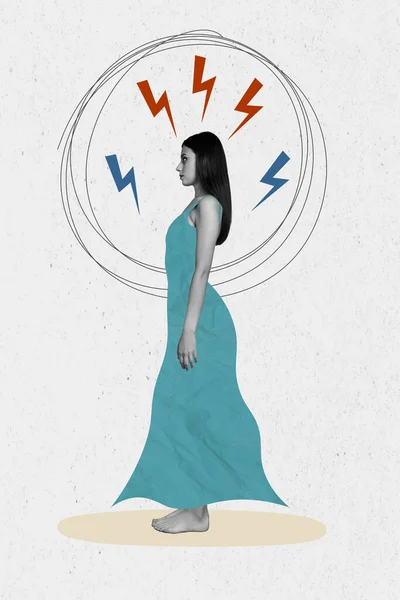 Pionowe Zdjęcie Kompozytowe Ilustracja Kolaż Bezsennej Zestresowanej Kobiety Problemami Psychicznymi — Zdjęcie stockowe