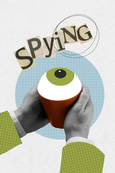 Colagem Vertical Mãos Segurando Copo Bule Espionagem Controle Ciberespaço Dados — Fotografia de Stock