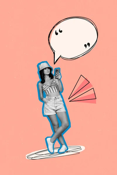 Foto Collage Opere Arte Giovane Ragazza Summertime Usura Sunhat Texting — Foto Stock