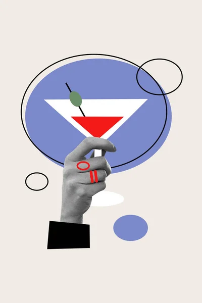 Imagem Colagem Vertical Cores Brancas Pretas Braço Segurar Martini Álcool — Fotografia de Stock