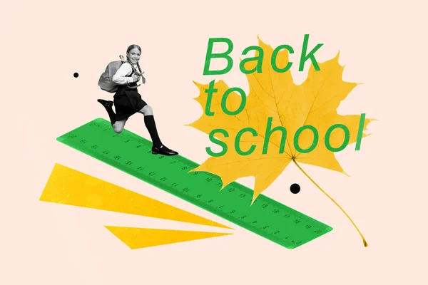 ミニブラックホワイトエフェクトガールのアートワークコラージュ画像は クリエイティブな背景に隔離された学校に戻って大きなルーラーメープルリーフを実行するリュックサックを運ぶ — ストック写真