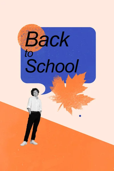 黒い白い効果の縦のコラージュのイメージは学校の泡に戻ってブレインストーミングし 創造的な背景で隔離されたメープルの葉を塗りました — ストック写真