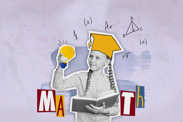 Matematik Öğrenen Zeki Kızın Kolaj Posteri Çizimi Ders Kitabı Ampulünü — Stok fotoğraf