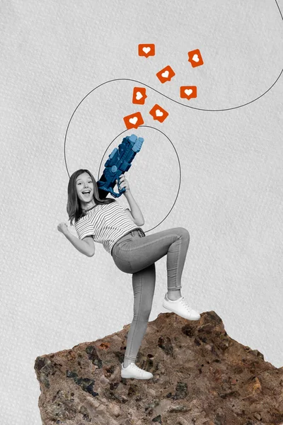 Vertikale Vorlage Fotocollage Von Funky Überglücklich Teenager Mädchen Hält Wasserpistole — Stockfoto