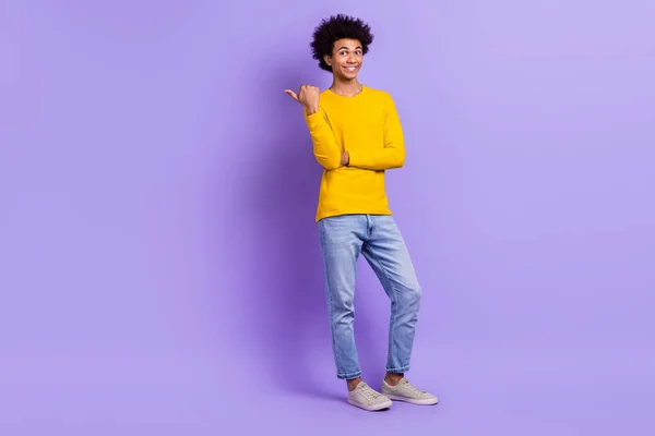 Full Length Photo Handsome Guy Wear Stylish Yellow Pullover Indicating — Stock Photo, Image