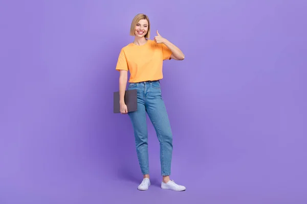 Full Body Photo Young Woman Blonde Hair Wear Orange Shirt — Photo
